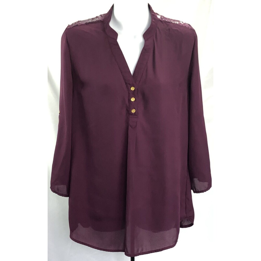 Vintage Chiffon Top M Purple Mock neck 3/4 sleeve lace back Fairy whimsy Goth